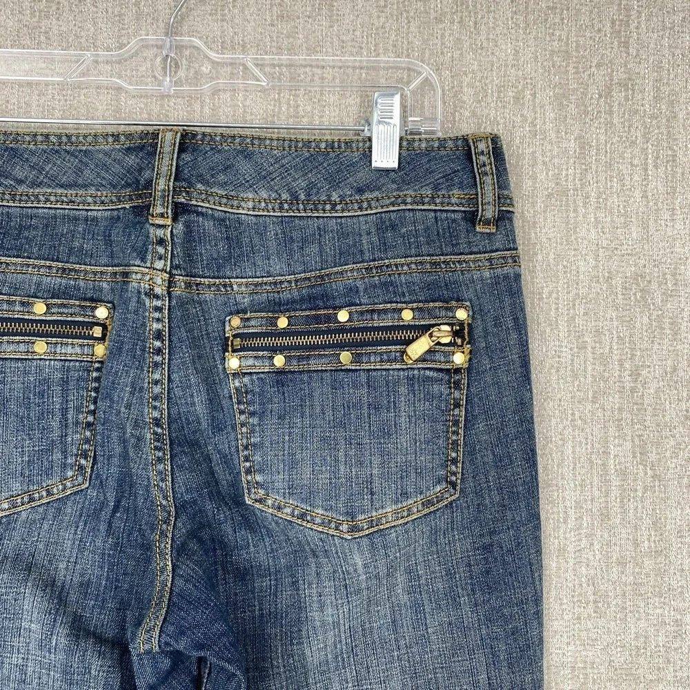 Michael Kors Studded Zipper Pocket Straight Leg Jeans 8 Blue Denim Gold Hardware